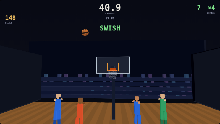 Swish — a basketball arcing toward the hoop in a 3D court